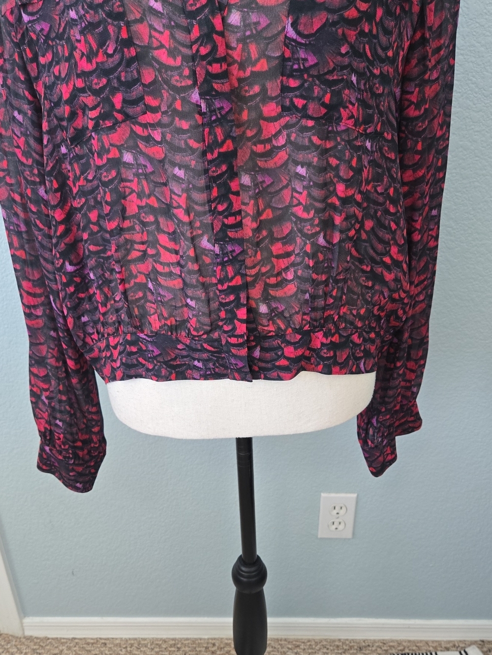All Saints Adeliza Plume Blouse Jewel Tone Semi Sheer Feather Printed Sz Medium - Picture 7 of 16